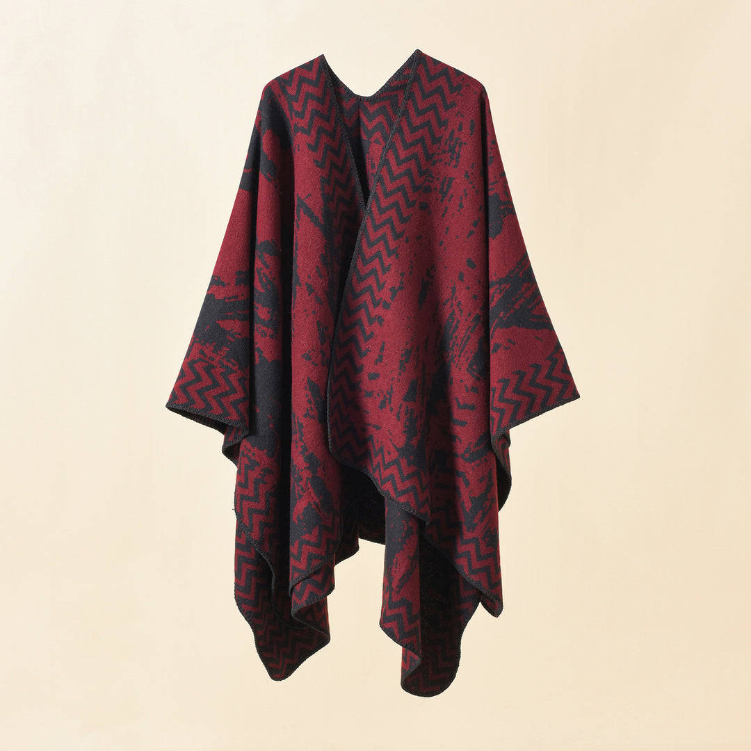 Damen Strick‑Ruana mit abstraktem Jacquard und Kettelsaum Echo Archiv