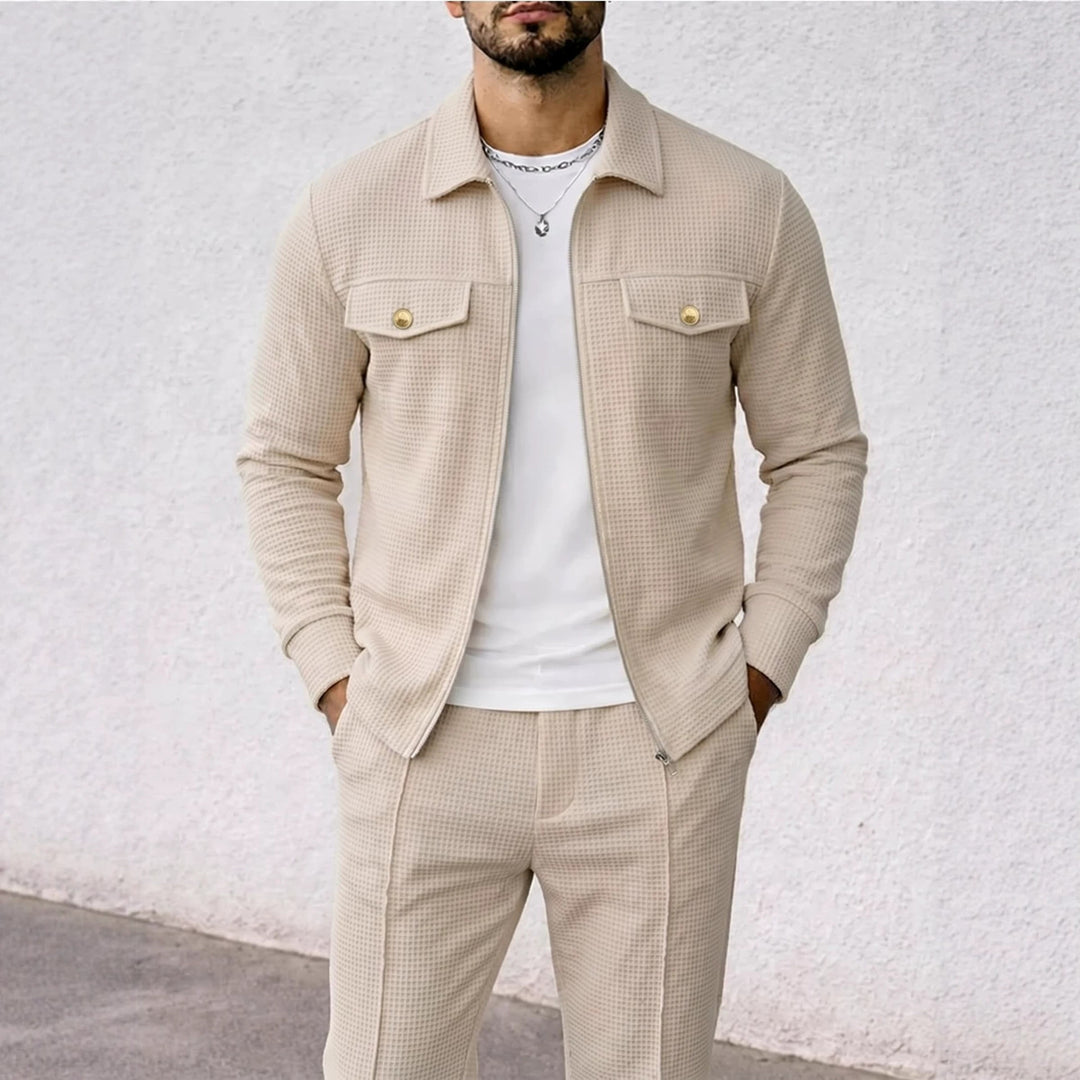 Herren strukturierte Overshirt-Jacke mit Waffelstruktur, Pattentaschen und verdecktem Reißverschluss – Taviero