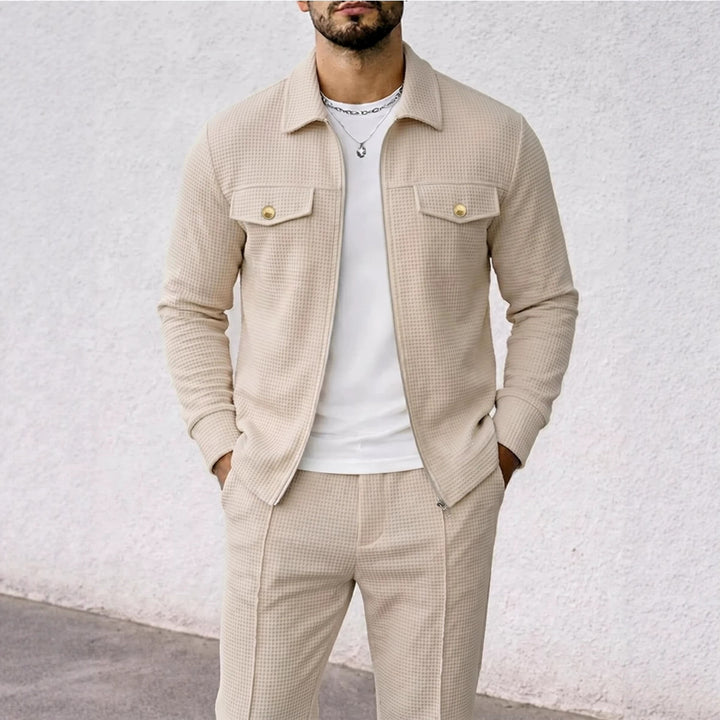 Herren strukturierte Overshirt-Jacke mit Waffelstruktur, Pattentaschen und verdecktem Reißverschluss – Taviero