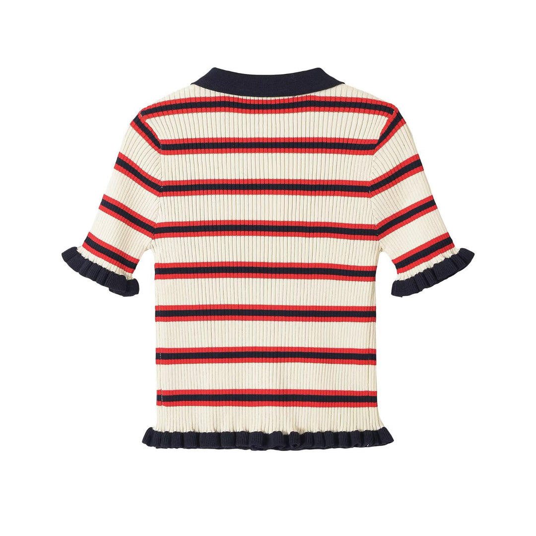 Damen Gerippte Kurzarm-Polokragen-Strickjacke mit Volantbündchen Echo Archiv