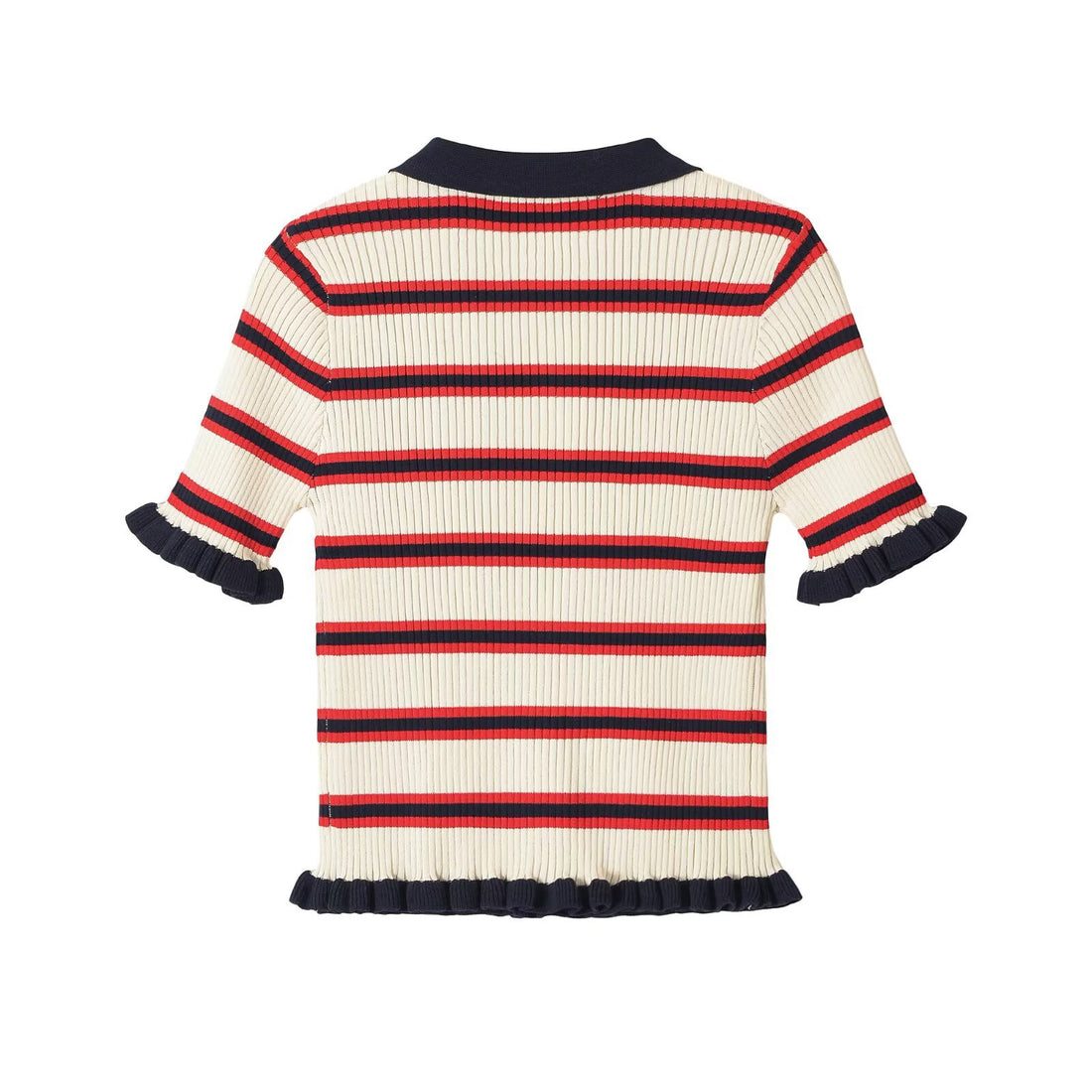 Damen Gerippte Kurzarm-Polokragen-Strickjacke mit Volantbündchen Echo Archiv