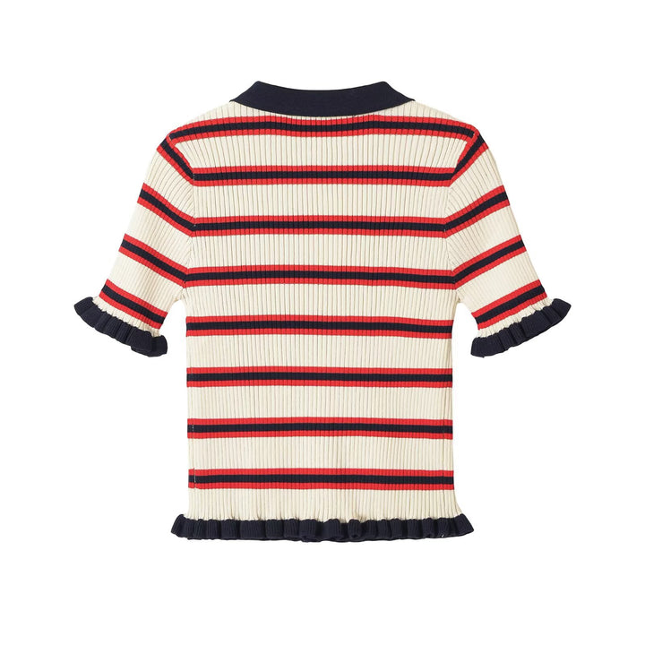 Damen Gerippte Kurzarm-Polokragen-Strickjacke mit Volantbündchen Echo Archiv