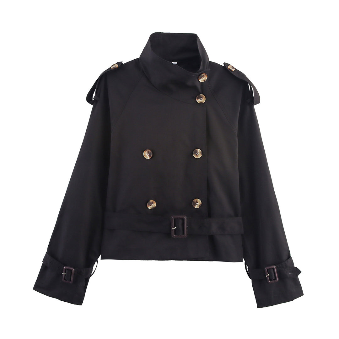 Damen Kurz-Trenchjacke mit Doppelreihe, Stehkragen, Schulterklappen und Taillengürtel Echo Archiv