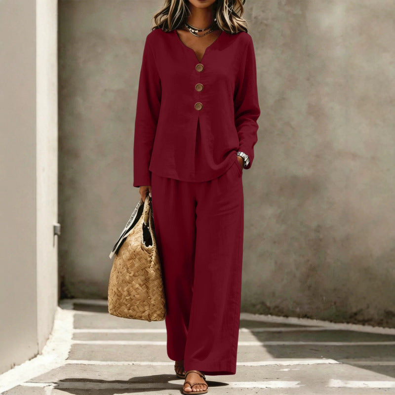 Damen Zweiteiliges Leinenoptik Lounge-Set mit V-Ausschnitt, Knopfbluse und weiten Palazzo-Hosen – Élanora