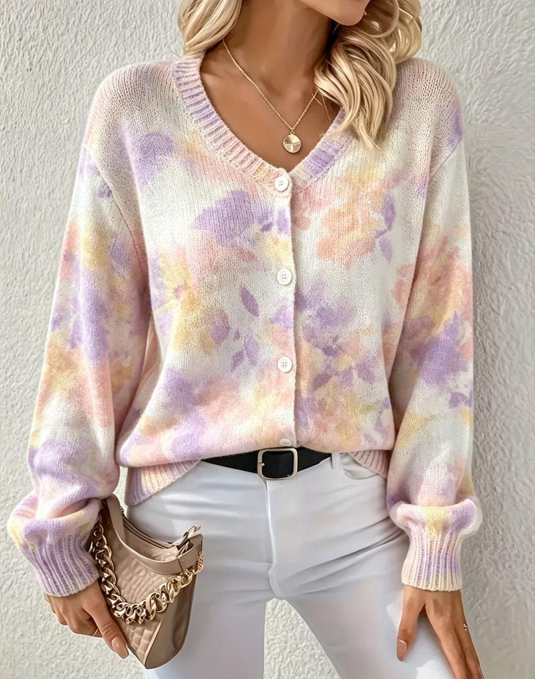 Damen Leichter Jacquard‑Strickcardigan mit Leo‑Print, Rundhalsausschnitt und Knopfleiste – Veloura