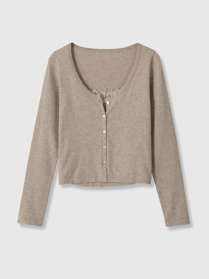 Damen Kurz geschnittener Feinstrick-Cardigan mit Spitzen-Einsatz Echoarchiv