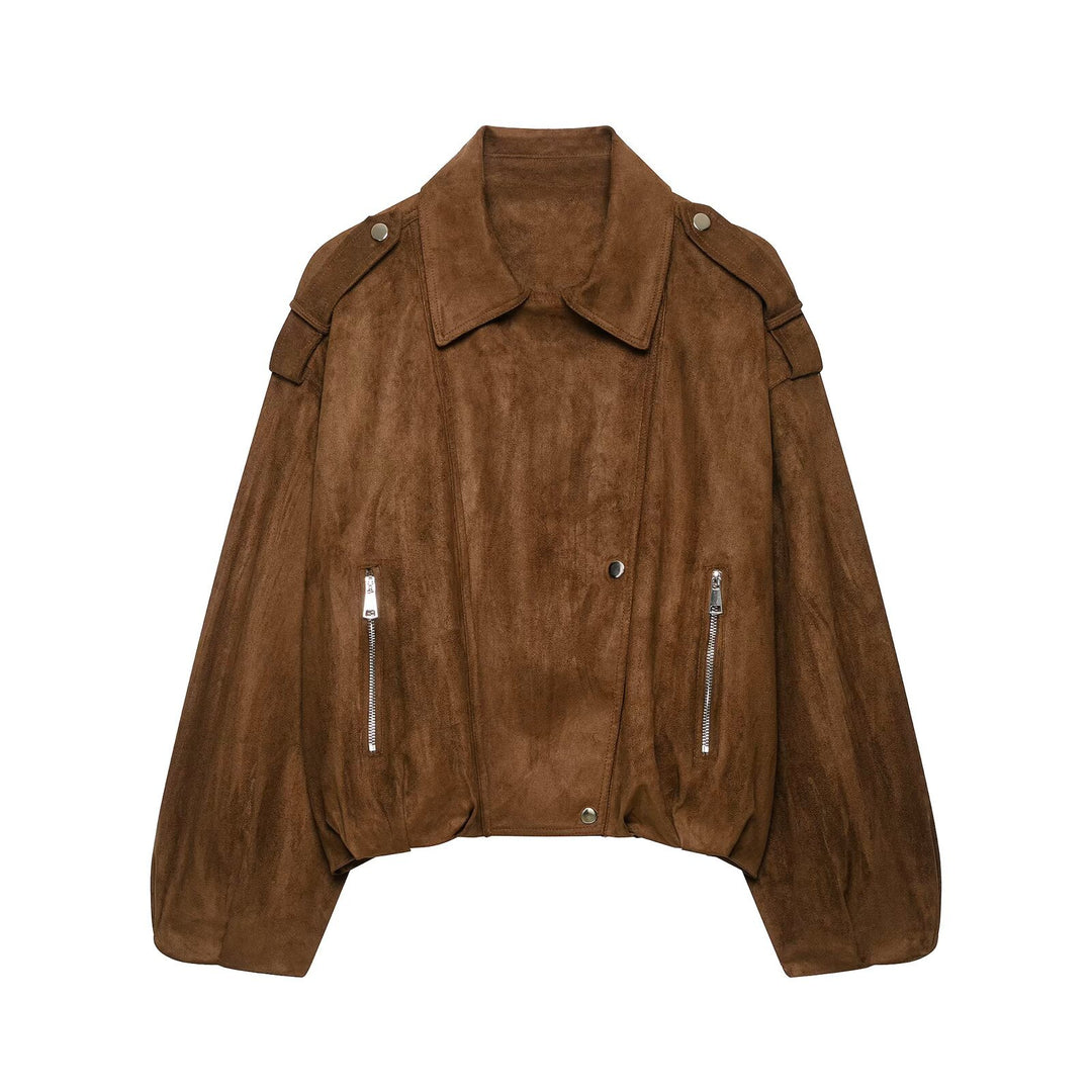 Damen Kurz geschnittene Wildleder-Bikerjacke mit Schulterklappen Echo Archiv
