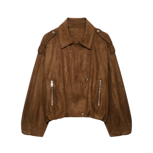 Damen Kurz geschnittene Wildleder-Bikerjacke mit Schulterklappen Echo Archiv