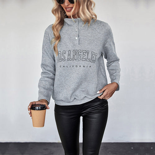 Damen Quilted-Sweatshirt mit Stehkragen, Druckknopfleiste und College-Print Echoarchiv