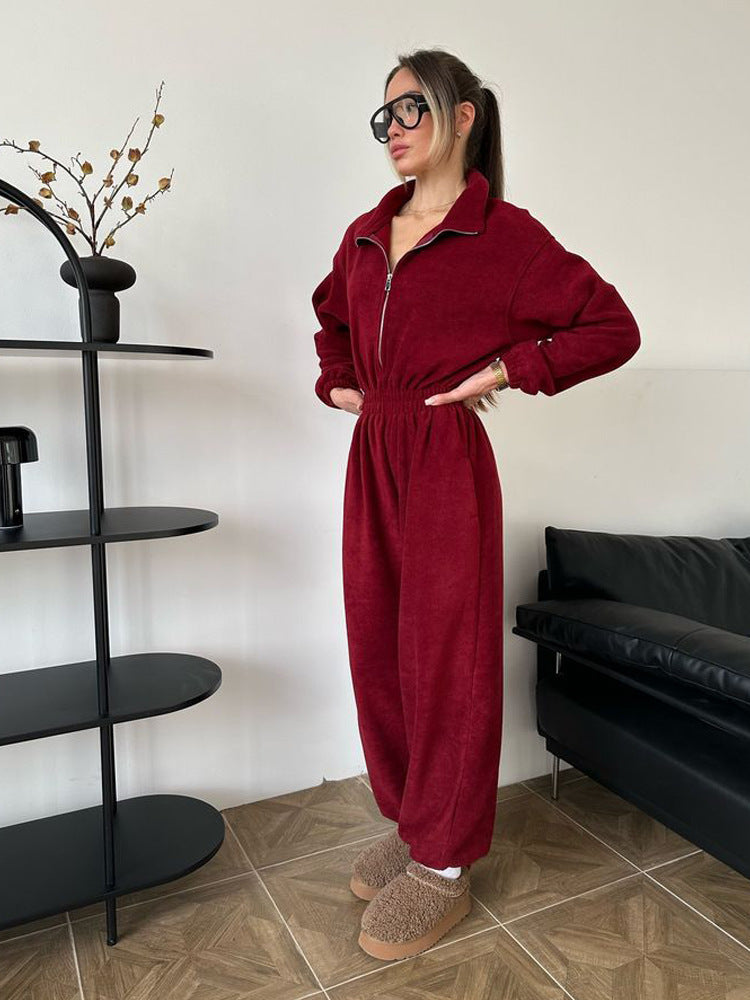 Damen kuscheliger Plüsch-Jumpsuit mit halbem Reißverschluss und elastischer Taille – Solévia