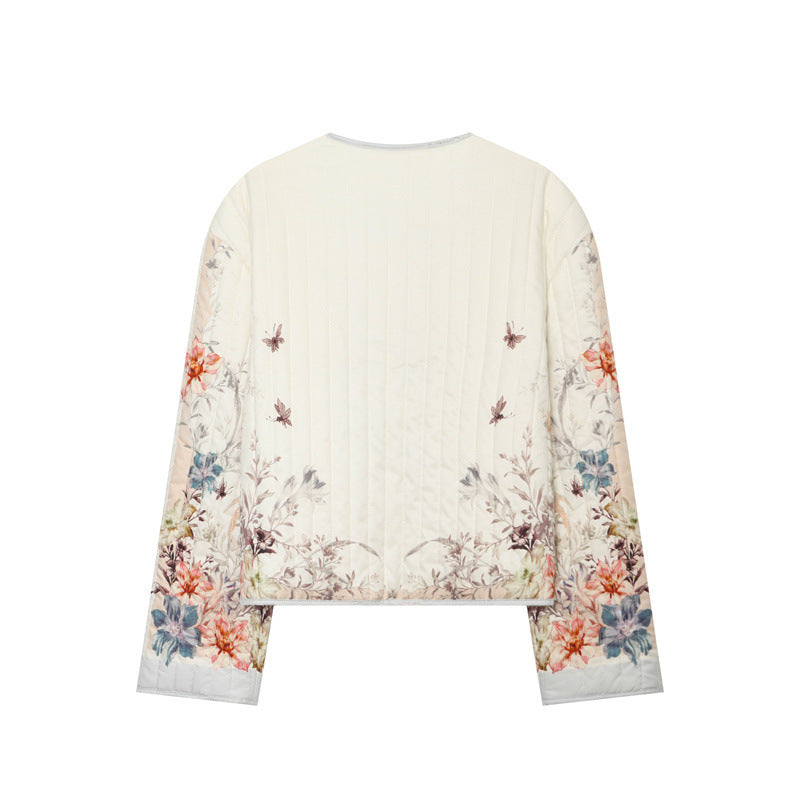 Damen gesteppte Blumen-Cardiganjacke mit Rundhals, leichter Wattierung und durchgehender Druckknopfleiste – Célinea