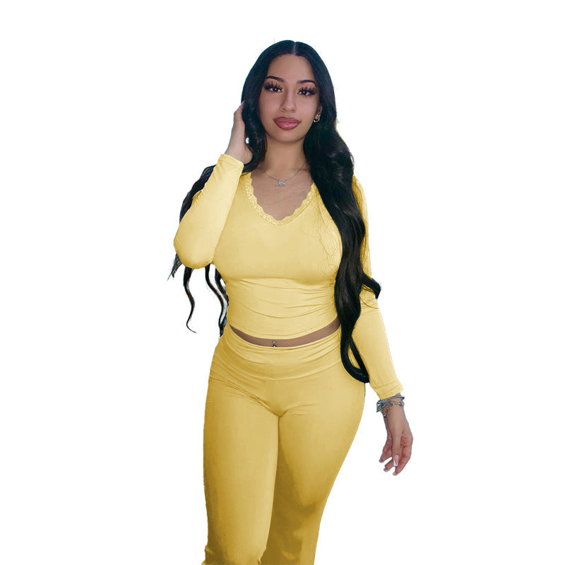 Damen Zweiteiliges Lounge-Set aus Stretch‑Jersey mit V‑Ausschnitt und taillierter Passform – Élanora