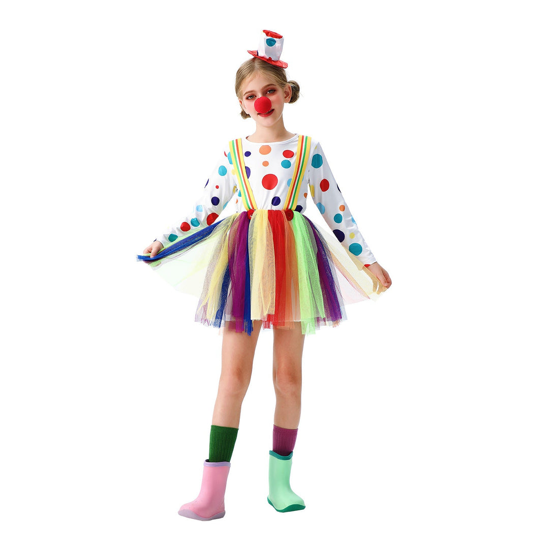 Mädchen Clownkostüm mit bunten Tüllröcken und Haaraccessoires Echo Archiv