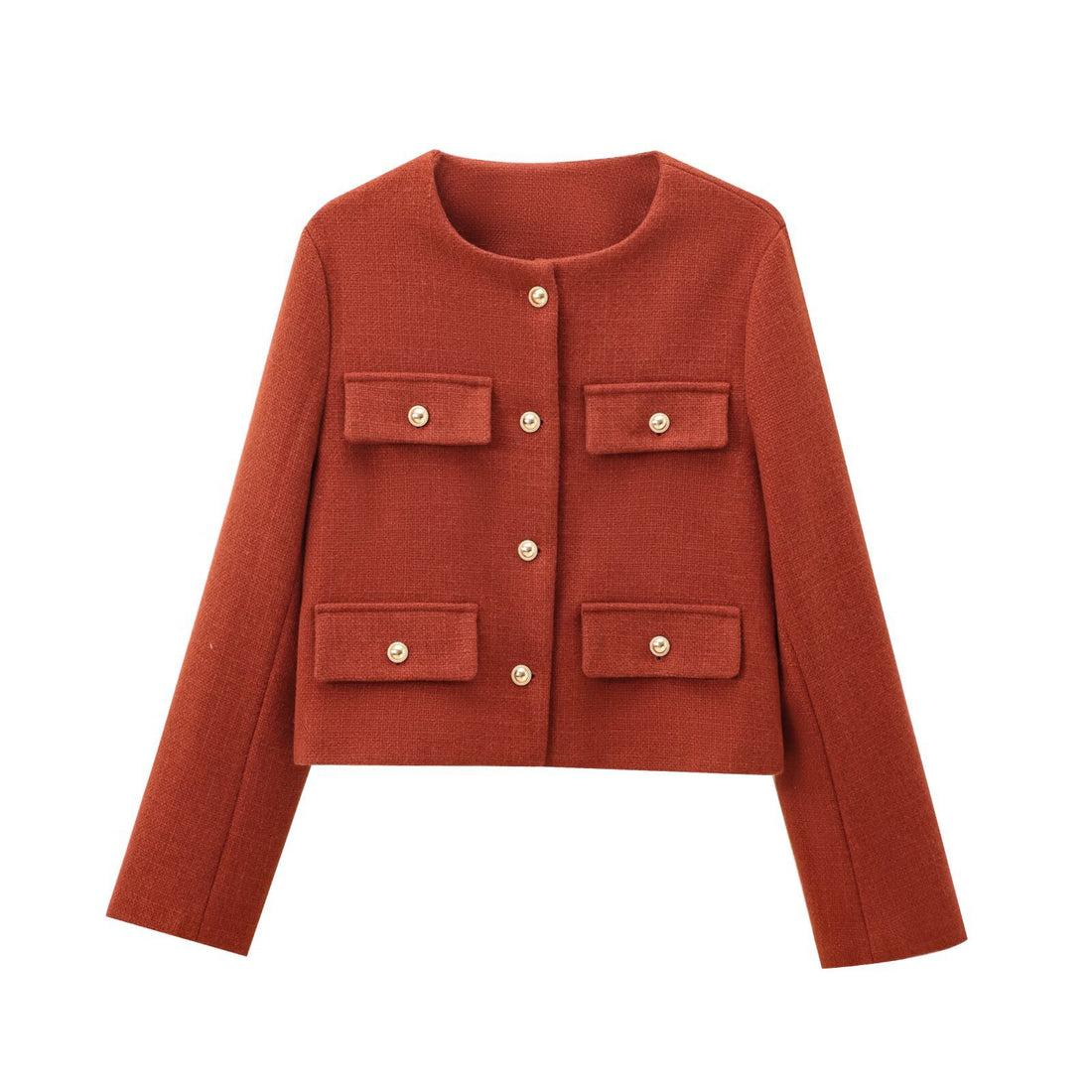 Damen Bouclé-Cropped-Jacke mit vier Pattentaschen und goldenen Schmuckknöpfen Echo Archiv
