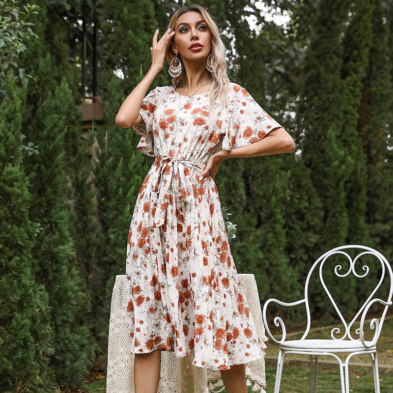 Damen Florales Midikleid mit Bindegürtel, Flatterärmeln und A-Linien-Schnitt Echoarchiv