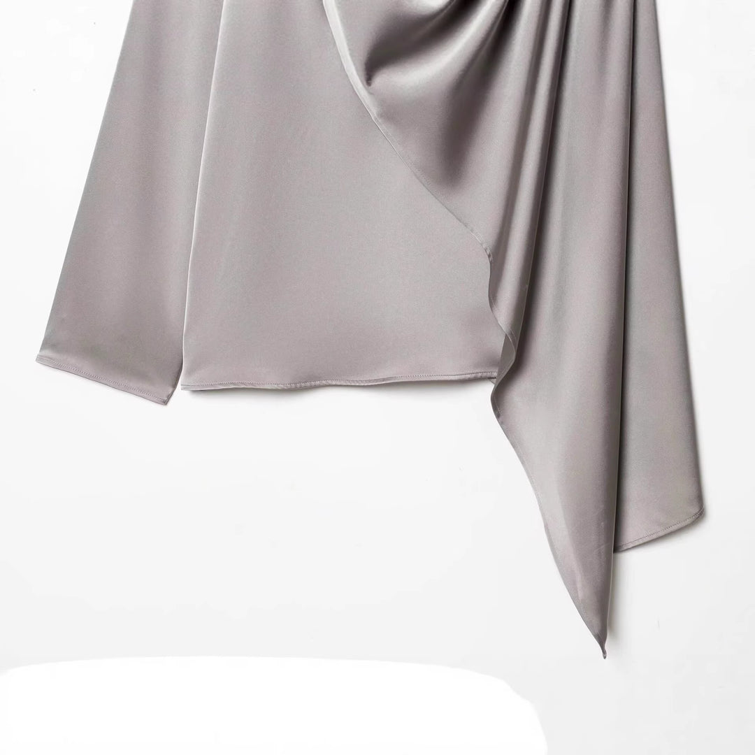 Damen Asymmetrische Drapierte Satinbluse mit Wasserfallkragen Echoarchiv