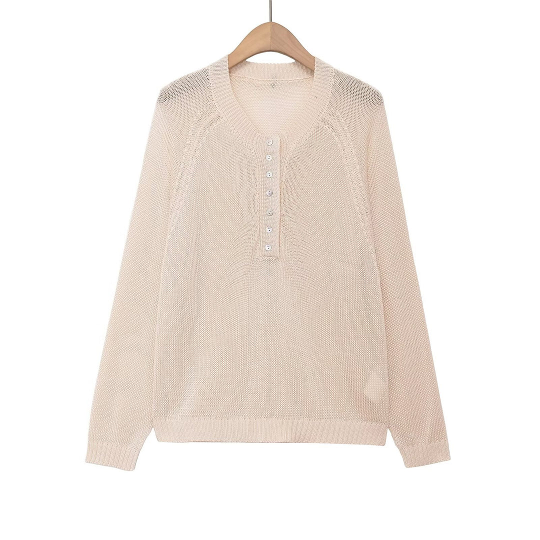 Damen nan Feinstrick-Henley-Pullover mit Knopfleiste und Raglanärmeln Echo Archiv