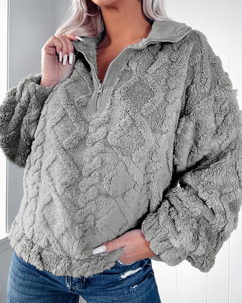 Damen nan Plüsch-Sherpa-Pullover mit halbem Reißverschluss, Stehkragen und oversized Silhouette Echo Archiv