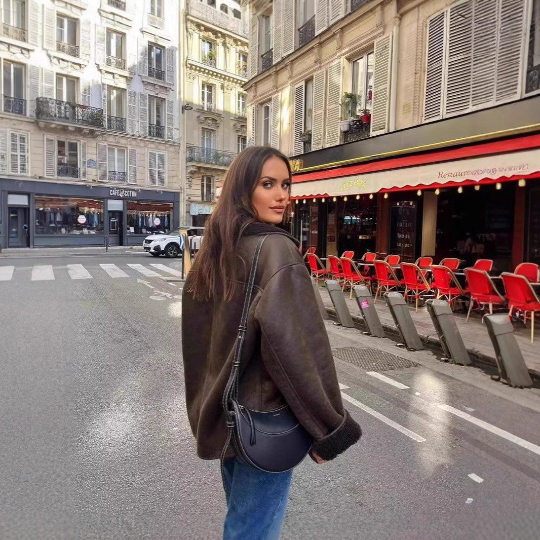 Damen nan Oversize Lammfellimitat Kunstlederjacke mit Sherpa-Kragen und Eingrifftaschen Echo Archiv