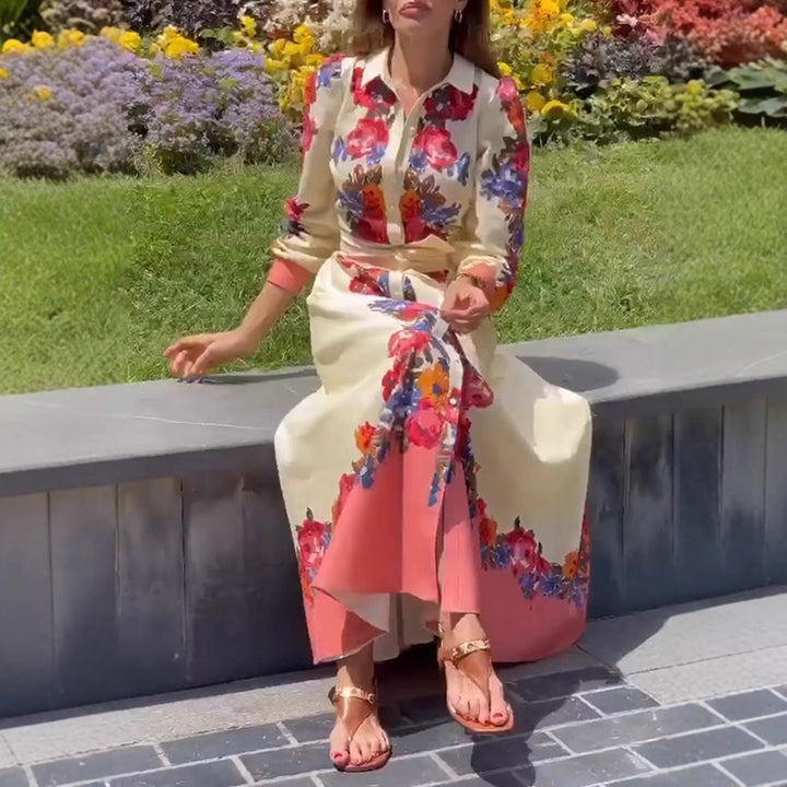 Damen nan langes Hemdblusenkleid mit floralem Print, Bindegürtel und Volantbesatz Echo Archiv