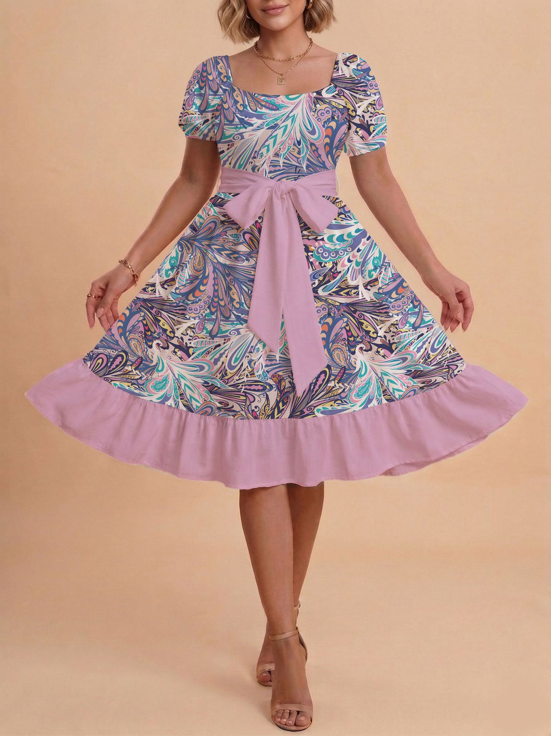 Damen Retro Maxikleid mit Puffärmeln und Taillengürtel Echo Archiv