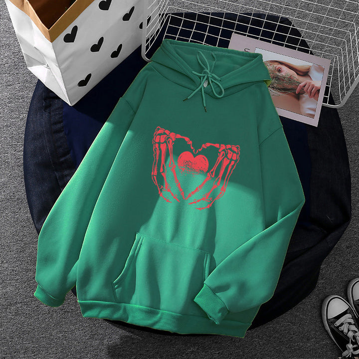 Damen stylischer Kapuzenpullover mit Skeletthand Herzmotiv und Kängurutasche – Auréline