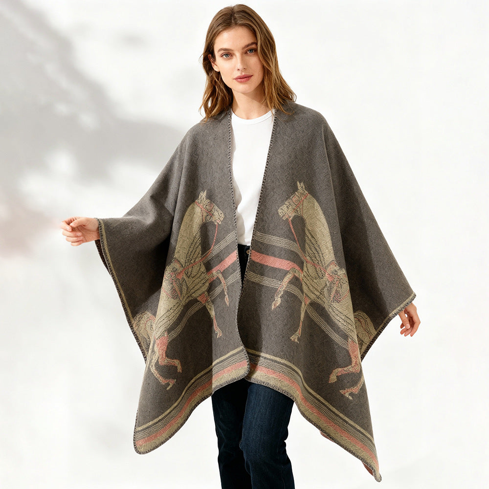 Damen Poncho-Cape aus Wollmix mit gewebtem Pferde-Jacquard und kontrastkettelung – Avérine