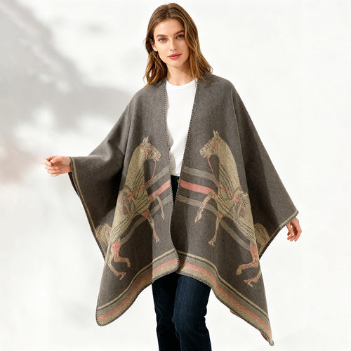 Damen Poncho-Cape aus Wollmix mit gewebtem Pferde-Jacquard und kontrastkettelung – Avérine