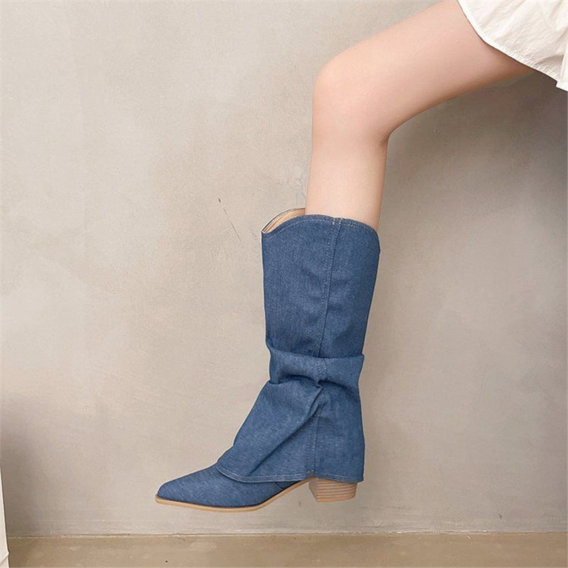 Damen Slouchy Cowboy‑Stiefel aus Denim mit spitzer Zehenform und niedrigem Blockabsatz – Lioré