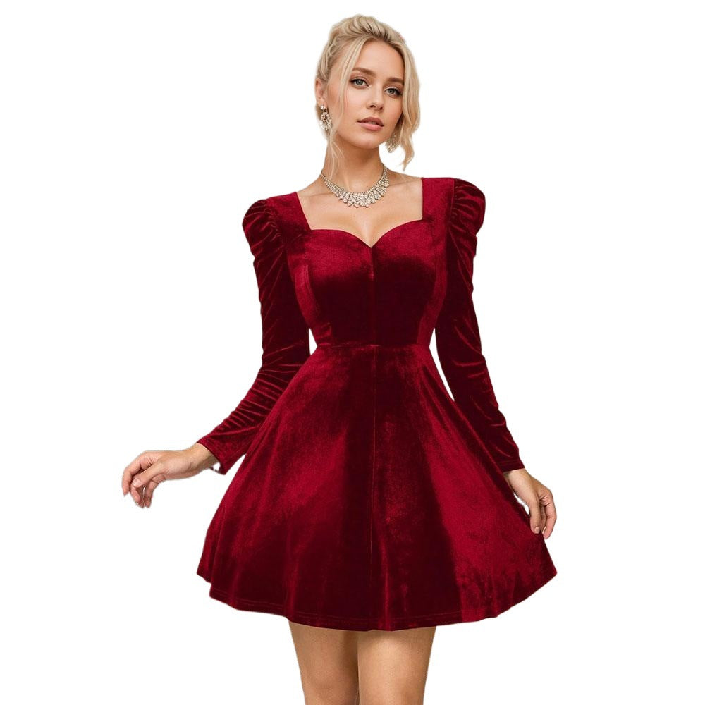 Damen Samt-Kurzkleid mit herzförmigem Dekolleté taillierter Korsagenoptik und voluminösen Puffärmeln – Élara