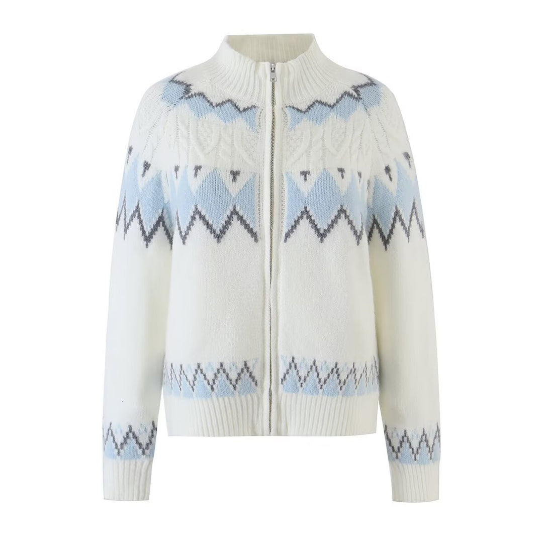 Damen Strickjacke mit durchgehendem Reißverschluss, Rippkragen und Norweger-Muster Echo Archiv