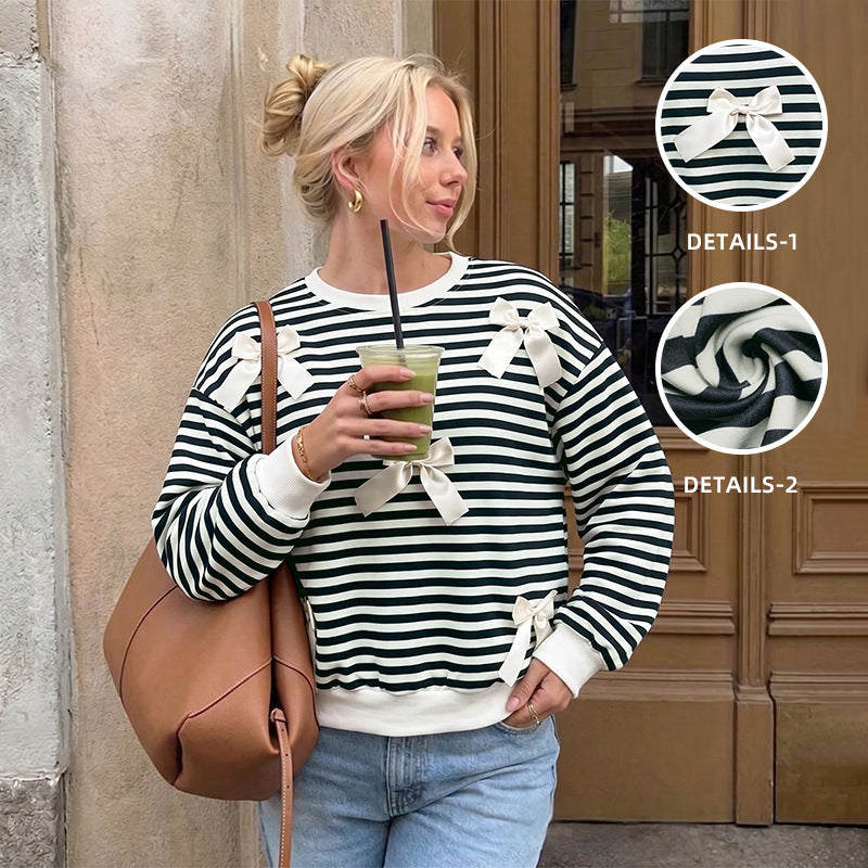 Damen Oversize Baumwoll-Sweatshirt mit maritimen Streifen und Zier-Schleifen – Mavelle