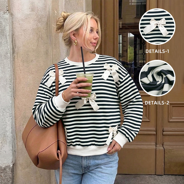 Damen Oversize Baumwoll-Sweatshirt mit maritimen Streifen und Zier-Schleifen – Mavelle