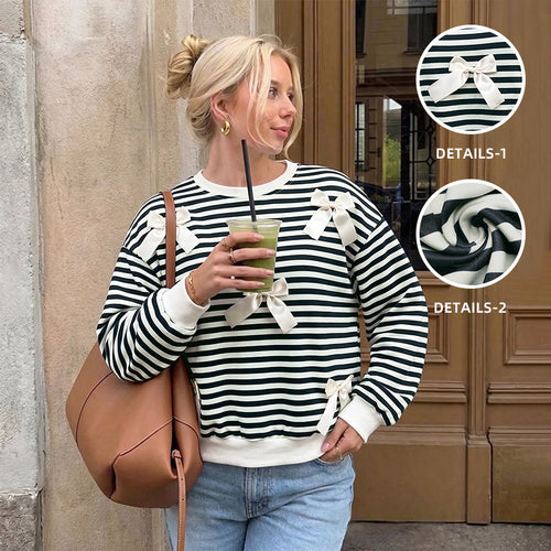 Damen Oversize Baumwoll-Sweatshirt mit maritimen Streifen und Zier-Schleifen – Mavelle