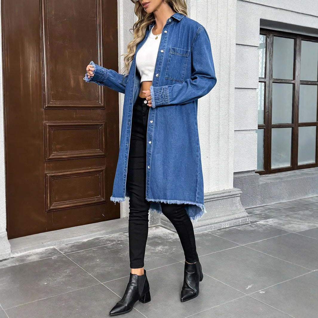 Damen Oversize Denim-Hemdjacke im Longline-Schnitt mit ausgefranstem Saum Echo Archiv