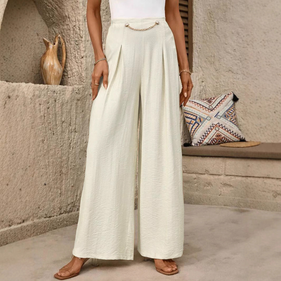 Damen High-Waist Palazzo-Hose mit weitem Bein, Bundfalten und Zierkettendetail – Avérine