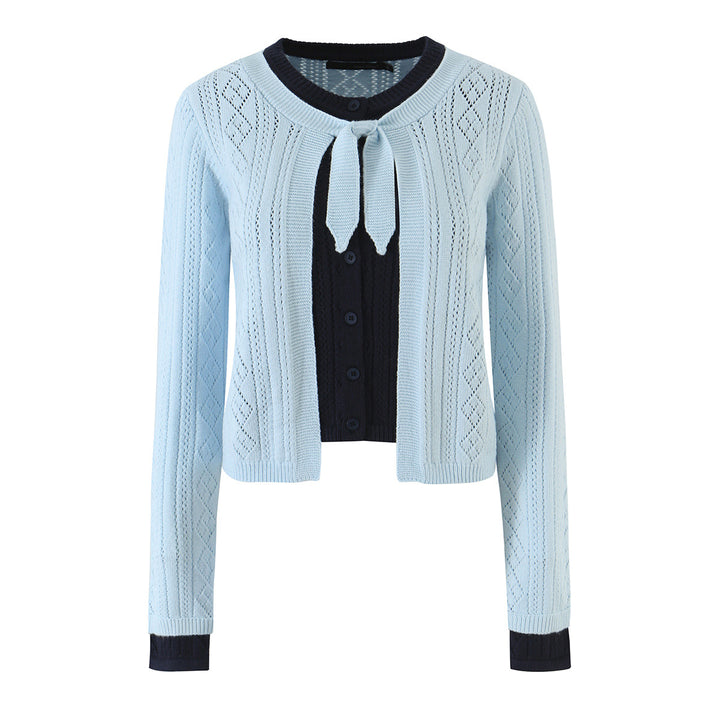 Damen Feinstrick-Zweiteiler Cardigan mit Schleifenkragen und Zierweste Echoarchiv
