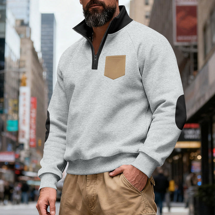 Herren nan Quarterzip-Sweatshirt mit Stehkragen, kontrastiertem Reißverschluss, Ellbogenpatches und Brusttasche Echo Archiv