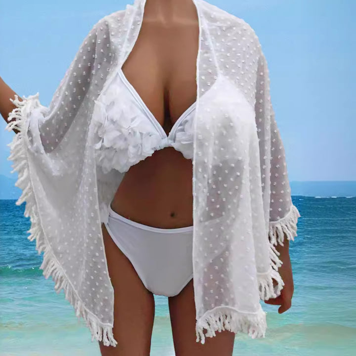 Damen transparenter Strandüberwurf mit verspielten Fransen Echo Archiv