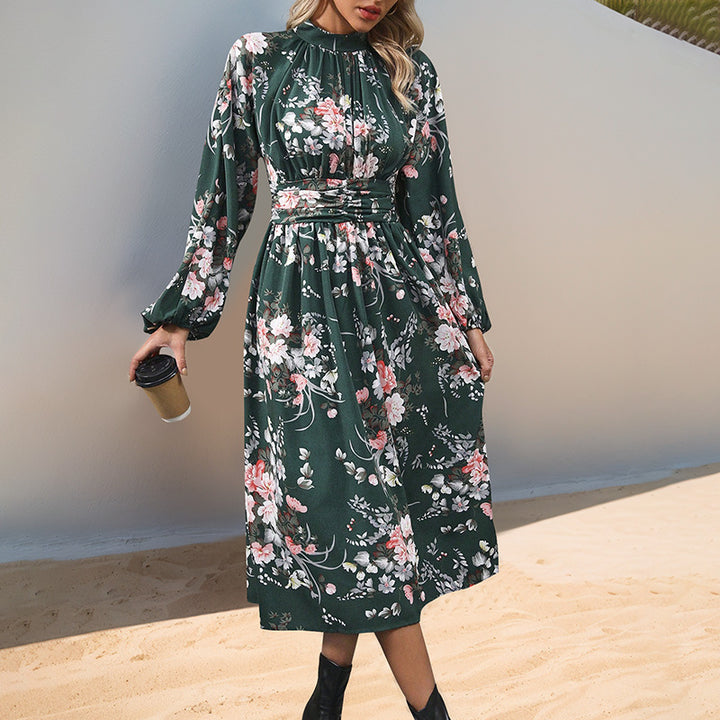 Damen Midikleid mit floralem Alloverprint, Stehkragen und Drapiertem Taillengürtel Echoarchiv
