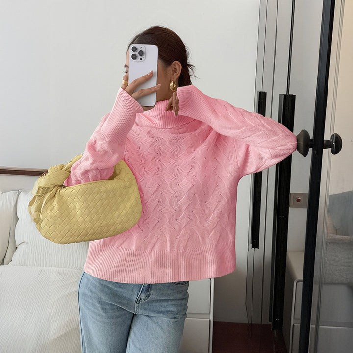 Damen grobstrick Rollkragenpullover mit Zopfstruktur, oversized Schnitt und längeren Ärmeln – Mavelle