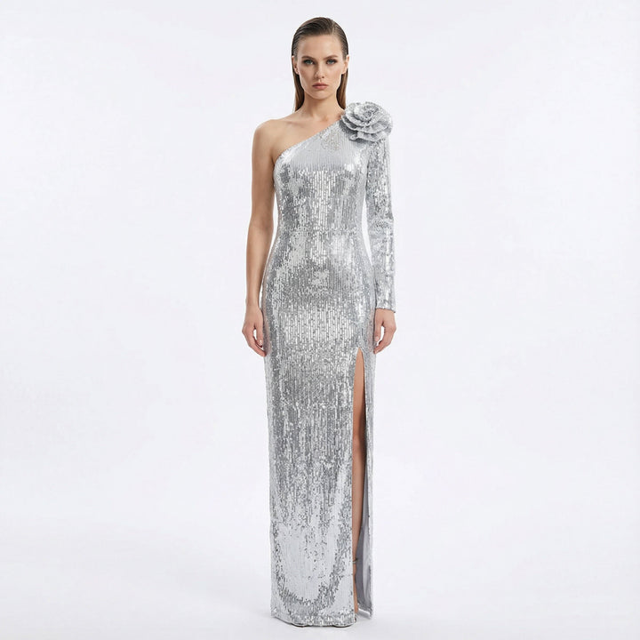 Damen Elegantes Etuikleid mit schimmerndem Stoff und einzigartiger Schulterpartie Echo Archiv