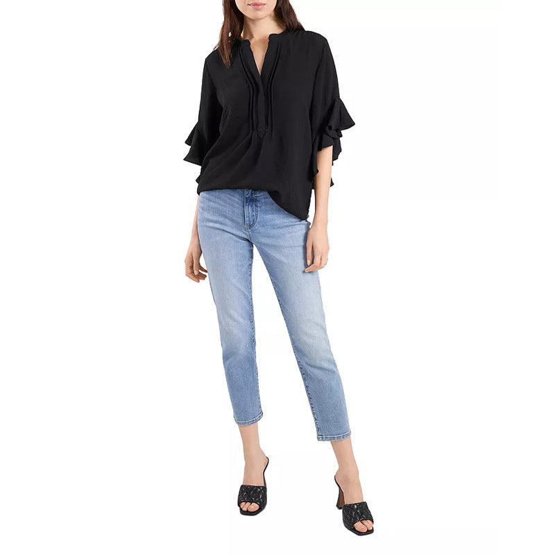 Damen Rüschen-Bluse mit V-Schlitz, lockerem Schnitt und Trompetenärmeln – Avérine