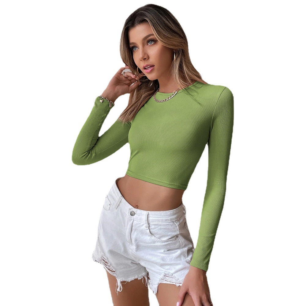 Damen eng anliegendes geripptes Cropped-Longsleeve mit Rundhals – Avérine