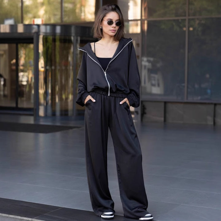 Damen lässiges Zweiteiler Set aus fließender Satinoptik mit weitem Bund und Crop-Top – Élanora