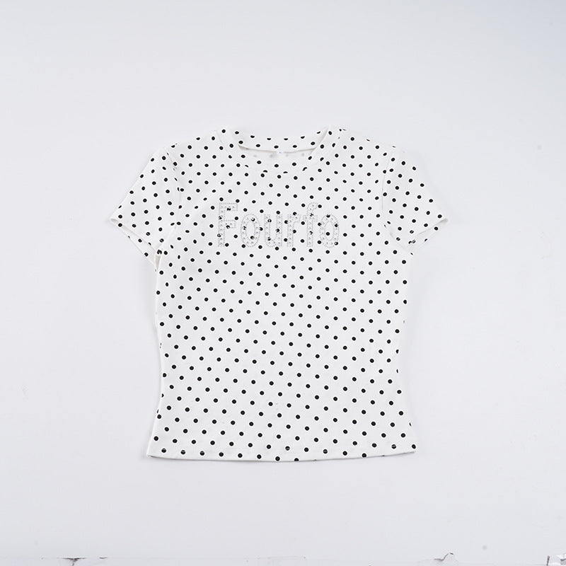 Damen Trendiges Kurzarm-Top mit Pünktchenmuster und glitzerndem Schriftzug Echo Archiv