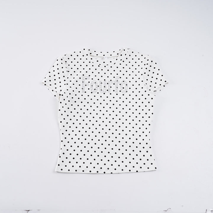 Damen Trendiges Kurzarm-Top mit Pünktchenmuster und glitzerndem Schriftzug Echo Archiv