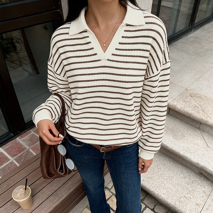 Damen Stylischer V-Ausschnitt Pullover mit Streifen Echo Archiv