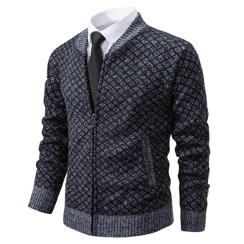 Herren Taillierter Jacquard-Zip-Cardigan mit Diamantstruktur und Eingrifftaschen Echo Archiv