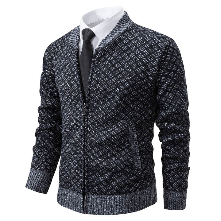 Herren Taillierter Jacquard-Zip-Cardigan mit Diamantstruktur und Eingrifftaschen Echo Archiv